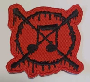 ANTI-MUSIC - Embroidered shaped Patch BLACK on RED  (by SMG)